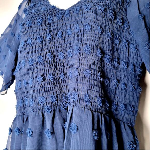 BTFBM Navy Swiss Dot Chiffon Dress NWT Smocked Bodice Flutter Sleeve Holiday L - Picture 3 of 7
